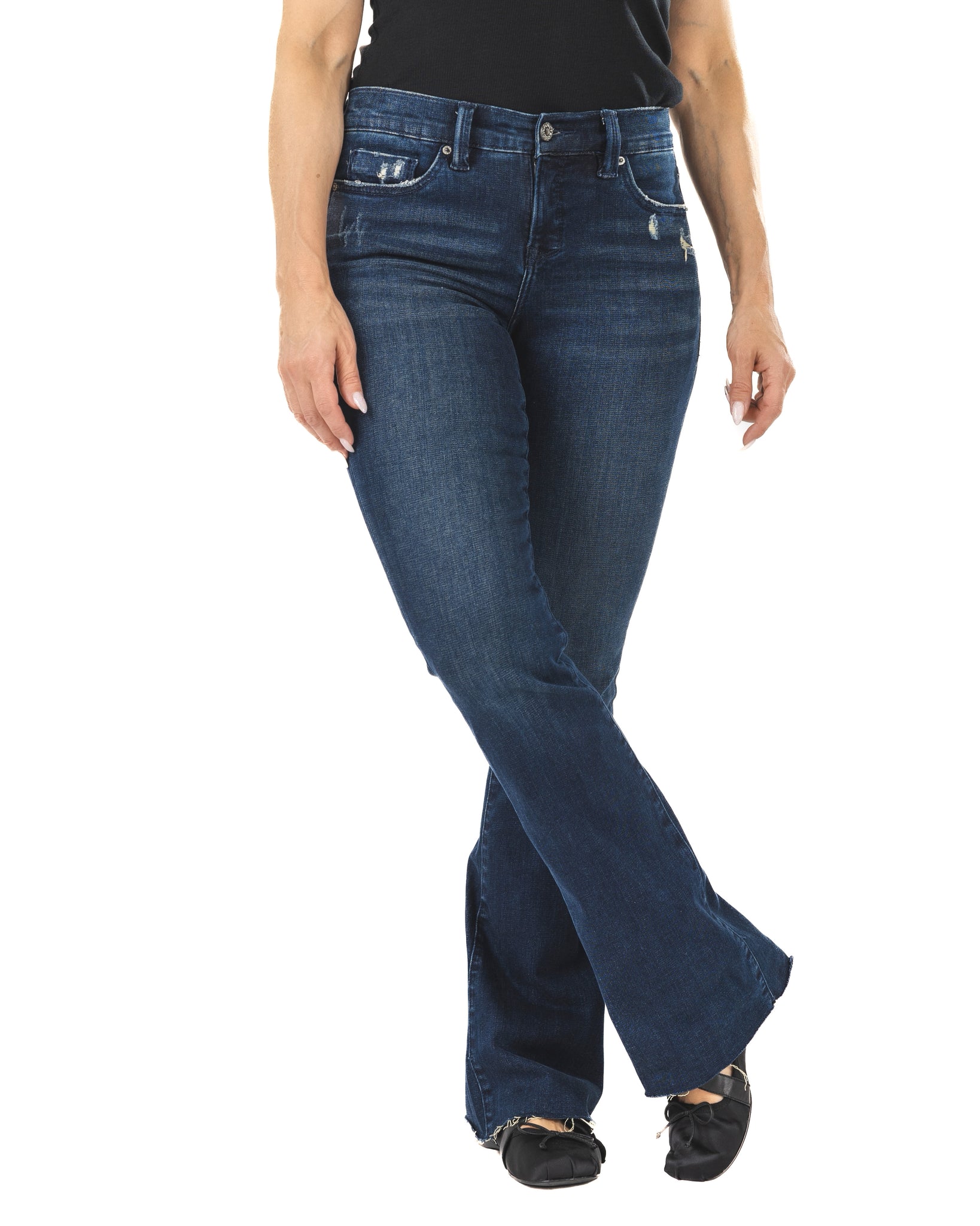 Lady′ S Denim Small Slub Cotton Stretch Bootleg Jeans - China Boot