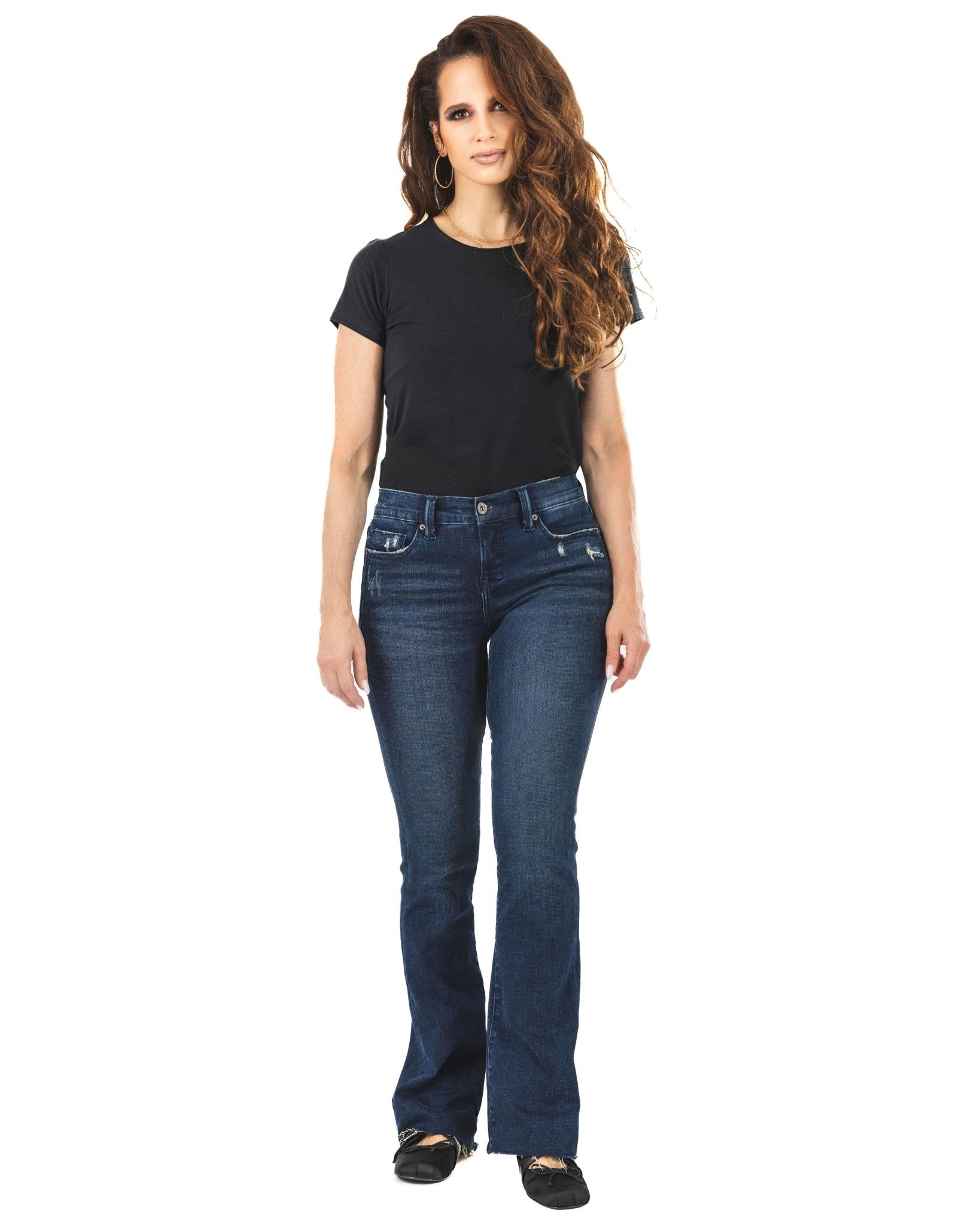 Mid-Rise, denim that feels like leggings with a bell bottom